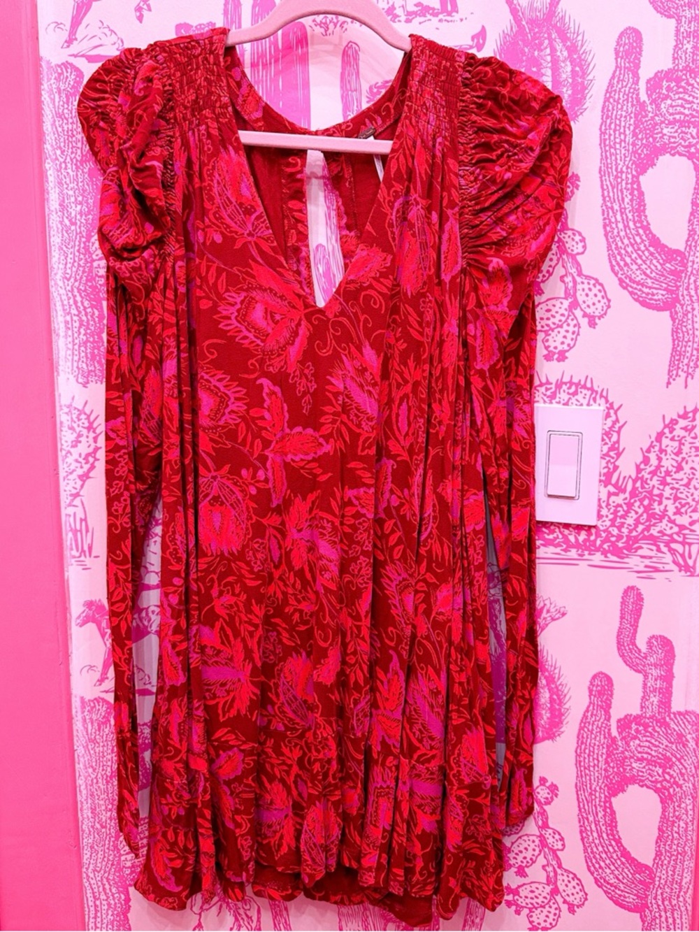 Free People Red Floral V-Neck Mini Dress